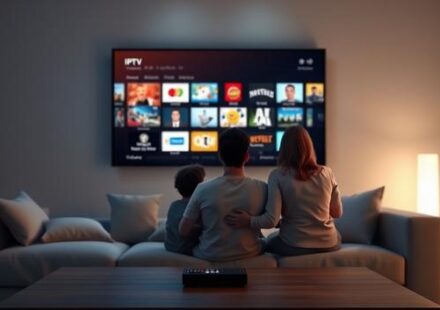 A family enjoys a wide variety of entertainment options through IPTV on their large screen television in a modern, comfortable living room.