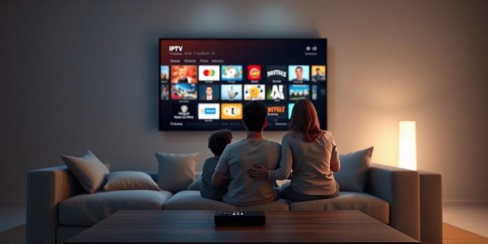 A family enjoys a wide variety of entertainment options through IPTV on their large screen television in a modern, comfortable living room.