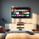 3D rendering of a modern living room showcasing an IPTV service on a high-definition television screen.