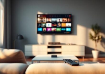 3D rendering of a modern living room showcasing an IPTV service on a high-definition television screen.