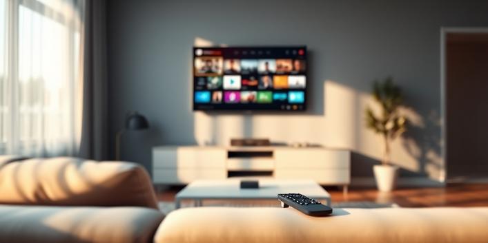 3D rendering of a modern living room showcasing an IPTV service on a high-definition television screen.