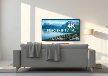 A serene, minimalist living room scene showcasing a 4K television displaying a vibrant Nordic landscape, representing Nordisk IPTV 4K's high-quality visual experience.