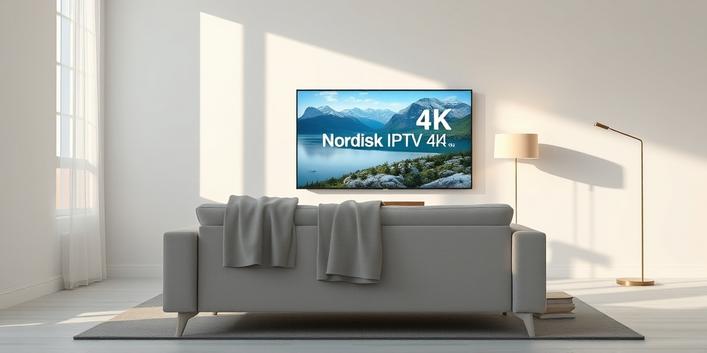 A serene, minimalist living room scene showcasing a 4K television displaying a vibrant Nordic landscape, representing Nordisk IPTV 4K's high-quality visual experience.