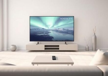 A minimalist Scandinavian living room featuring a 4K television showcasing a Nordic landscape with the text "NORDISK IPTV" as a watermark.