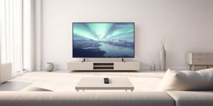 A minimalist Scandinavian living room featuring a 4K television showcasing a Nordic landscape with the text "NORDISK IPTV" as a watermark.