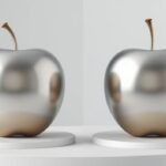 A 3D rendering showcasing two silver apples, one flawless and the other with a small bruise, arranged on white pedestals against a gradient background, symbolizing the concept of comparison.