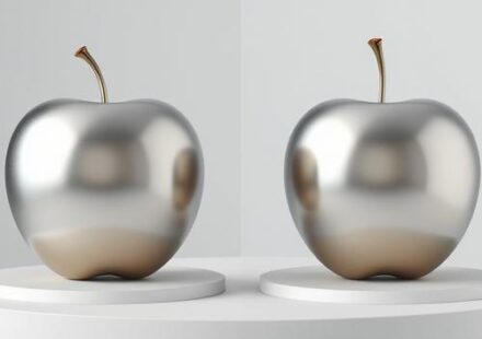 A 3D rendering showcasing two silver apples, one flawless and the other with a small bruise, arranged on white pedestals against a gradient background, symbolizing the concept of comparison.