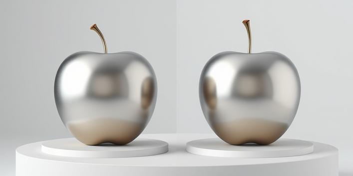 A 3D rendering showcasing two silver apples, one flawless and the other with a small bruise, arranged on white pedestals against a gradient background, symbolizing the concept of comparison.