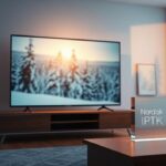 A hyperrealistic 3D rendering of a Nordic-style living room featuring a frameless 4K television displaying a crisp, snowy landscape and the text "Nordisk IPTV 4K" subtly engraved on a frosted glass block.