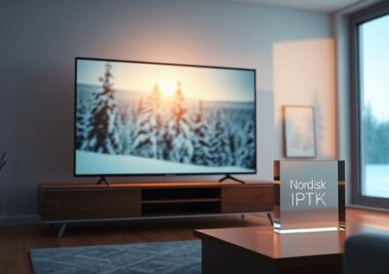 A hyperrealistic 3D rendering of a Nordic-style living room featuring a frameless 4K television displaying a crisp, snowy landscape and the text "Nordisk IPTV 4K" subtly engraved on a frosted glass block.