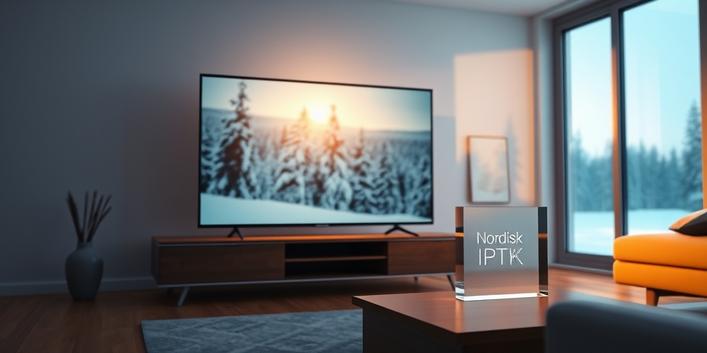 A hyperrealistic 3D rendering of a Nordic-style living room featuring a frameless 4K television displaying a crisp, snowy landscape and the text "Nordisk IPTV 4K" subtly engraved on a frosted glass block.