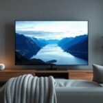 A minimalist Scandinavian living room featuring a 4K television displaying a stunning Nordic landscape, highlighting the clarity and quality of Nordisk IPTV 4K.