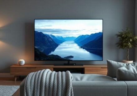 A minimalist Scandinavian living room featuring a 4K television displaying a stunning Nordic landscape, highlighting the clarity and quality of Nordisk IPTV 4K.