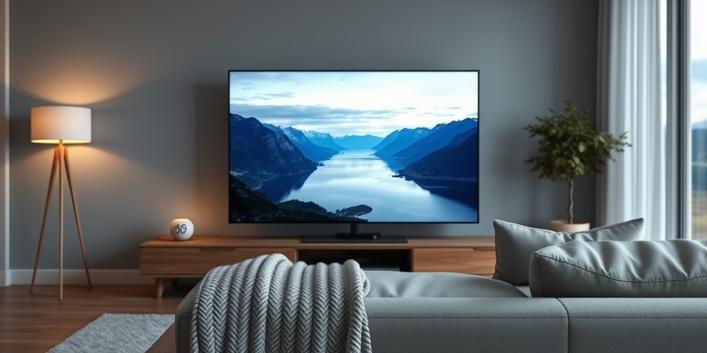 A minimalist Scandinavian living room featuring a 4K television displaying a stunning Nordic landscape, highlighting the clarity and quality of Nordisk IPTV 4K.