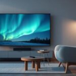 A modern Scandinavian living room at twilight featuring a 4K TV displaying the Northern Lights, symbolizing Nordic IPTV.