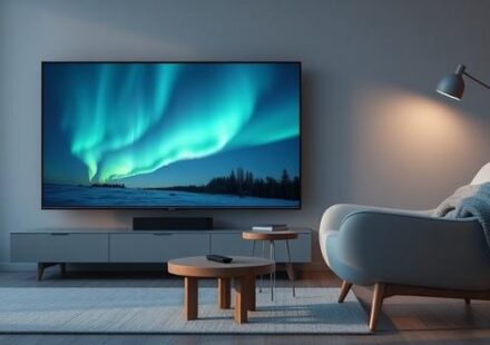 A modern Scandinavian living room at twilight featuring a 4K TV displaying the Northern Lights, symbolizing Nordic IPTV.