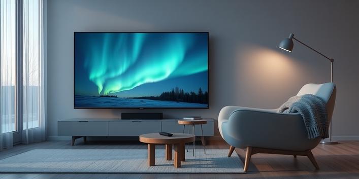 A modern Scandinavian living room at twilight featuring a 4K TV displaying the Northern Lights, symbolizing Nordic IPTV.