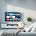 Nordic IPTV Support concept. A minimalist living room with a smart TV displaying Nordic channels, a sofa, and a glowing rune representing connectivity.