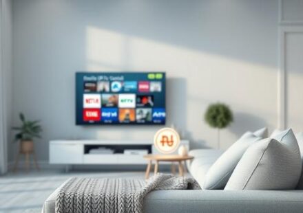 Nordic IPTV Support concept. A minimalist living room with a smart TV displaying Nordic channels, a sofa, and a glowing rune representing connectivity.