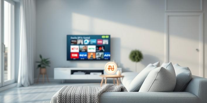 Nordic IPTV Support concept. A minimalist living room with a smart TV displaying Nordic channels, a sofa, and a glowing rune representing connectivity.