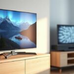 A modern 4K television displaying crisp Nordic scenery next to an older, static-filled TV, symbolizing the upgrade to Nordic IPTV 4K.