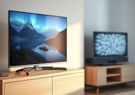 A modern 4K television displaying crisp Nordic scenery next to an older, static-filled TV, symbolizing the upgrade to Nordic IPTV 4K.