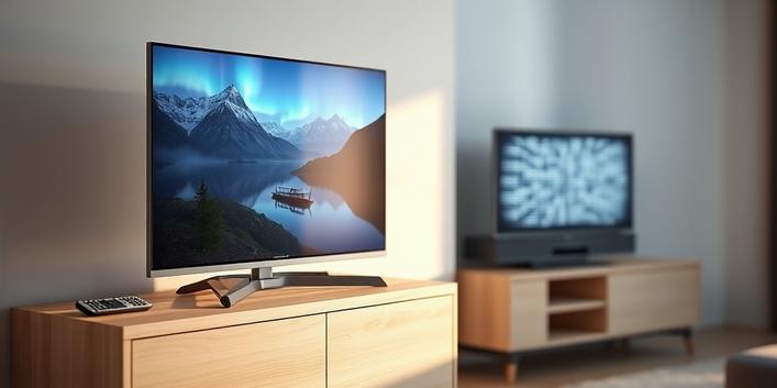 A modern 4K television displaying crisp Nordic scenery next to an older, static-filled TV, symbolizing the upgrade to Nordic IPTV 4K.
