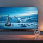 A serene Nordic living room with a 4K television displaying "Nordisk IPTV 4K," showcasing a snow-covered landscape reflecting on a stylized Viking longship.