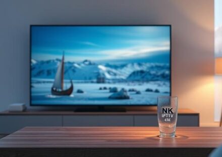 A serene Nordic living room with a 4K television displaying "Nordisk IPTV 4K," showcasing a snow-covered landscape reflecting on a stylized Viking longship.