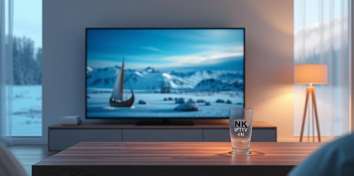 A serene Nordic living room with a 4K television displaying "Nordisk IPTV 4K," showcasing a snow-covered landscape reflecting on a stylized Viking longship.