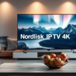 A pristine 3D rendering showcases a Scandinavian living room with a 4K TV displaying stunning Nordic landscapes, symbolizing Nordisk IPTV 4K.