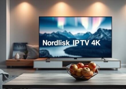 A pristine 3D rendering showcases a Scandinavian living room with a 4K TV displaying stunning Nordic landscapes, symbolizing Nordisk IPTV 4K.