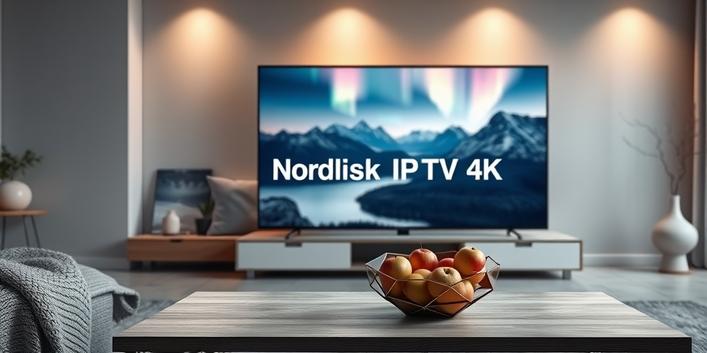 A pristine 3D rendering showcases a Scandinavian living room with a 4K TV displaying stunning Nordic landscapes, symbolizing Nordisk IPTV 4K.