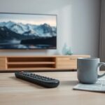 Nordic living room scene promoting a 24-hour free trial of IPTV with a focus on Scandinavian landscapes.
