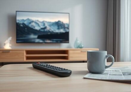 Nordic living room scene promoting a 24-hour free trial of IPTV with a focus on Scandinavian landscapes.