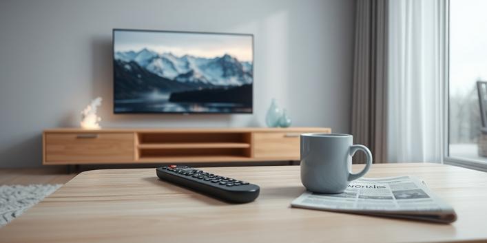 Nordic living room scene promoting a 24-hour free trial of IPTV with a focus on Scandinavian landscapes.