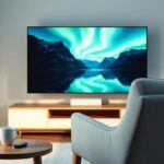 A minimalist Nordic living room scene featuring a comfortable armchair facing a 4K television displaying a vibrant Nordic landscape.