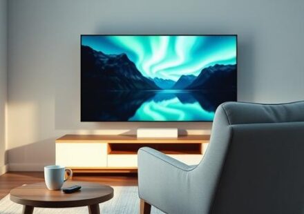 A minimalist Nordic living room scene featuring a comfortable armchair facing a 4K television displaying a vibrant Nordic landscape.