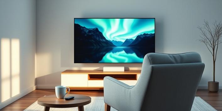 A minimalist Nordic living room scene featuring a comfortable armchair facing a 4K television displaying a vibrant Nordic landscape.