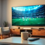 A comfortable living room with a 4K television displaying a soccer match, highlighting the unique viewing experience offered by Nordic IPTV 4K for sports fans.