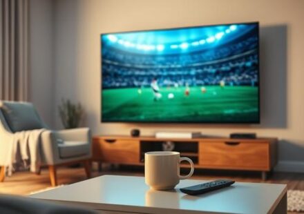 A comfortable living room with a 4K television displaying a soccer match, highlighting the unique viewing experience offered by Nordic IPTV 4K for sports fans.