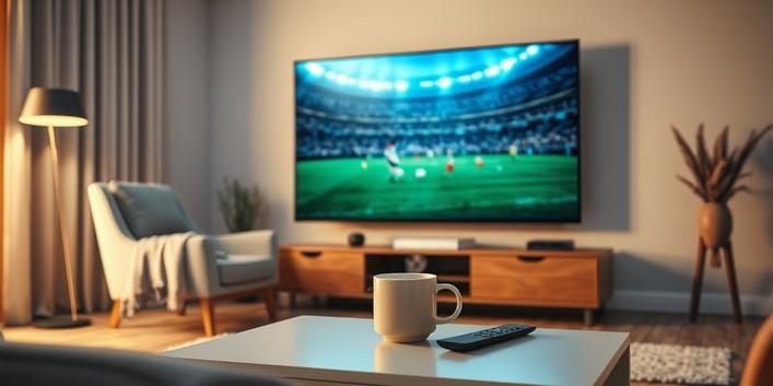 A comfortable living room with a 4K television displaying a soccer match, highlighting the unique viewing experience offered by Nordic IPTV 4K for sports fans.