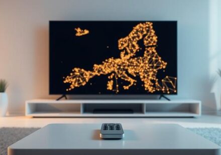 Nordic countries interconnected on a TV screen, representing IPTV, with a remote on a table in a modern living room.