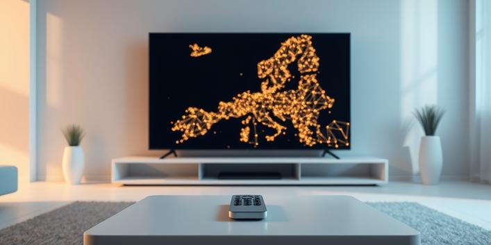Nordic countries interconnected on a TV screen, representing IPTV, with a remote on a table in a modern living room.