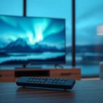 A minimalist Scandinavian living room featuring a 4K TV displaying a Nordic landscape, symbolizing Nordisk IPTV.