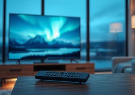 A minimalist Scandinavian living room featuring a 4K TV displaying a Nordic landscape, symbolizing Nordisk IPTV.