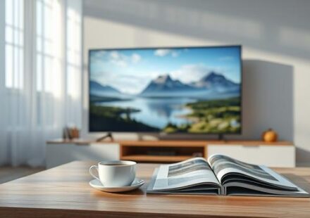 A modern Scandinavian living room with a 4K TV displaying Nordic nature scenes, symbolizing Nordic IPTV.