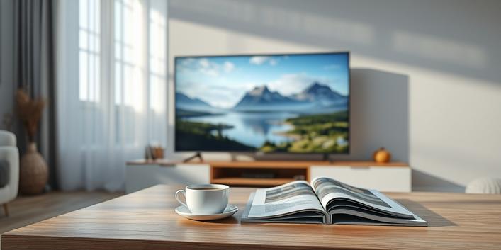 A modern Scandinavian living room with a 4K TV displaying Nordic nature scenes, symbolizing Nordic IPTV.