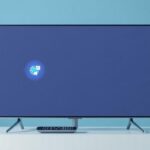 Samsung Smart TV displaying IPTV apps with remote control on a stand.