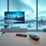 A minimalist Scandinavian living room featuring a 4K television displaying a Nordic landscape, emphasizing the quality and immersion of Nordic IPTV 4K.